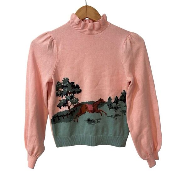 Janie and Jack Girl Pink  Horse Ruffled Shoulders/Collar Sweater Size 12 NWOT - Picture 1 of 11